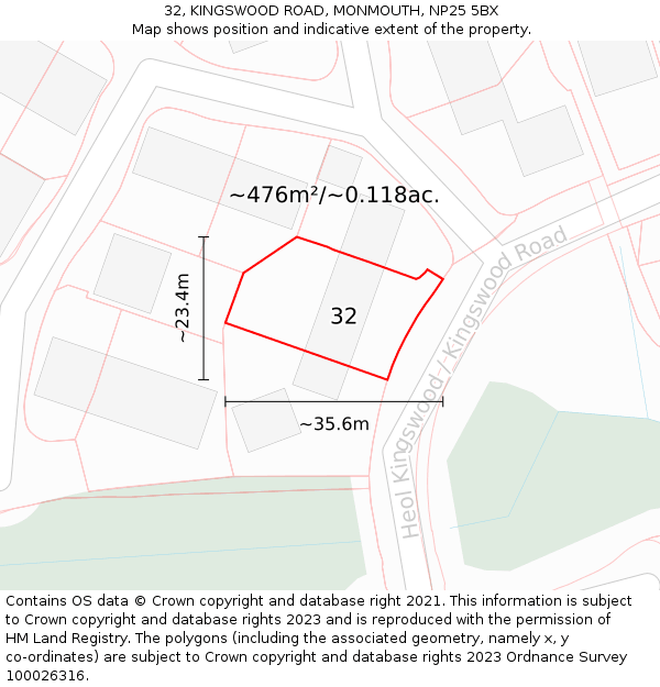 32, KINGSWOOD ROAD, MONMOUTH, NP25 5BX: Plot and title map