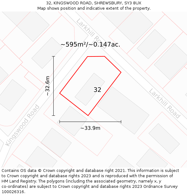 32, KINGSWOOD ROAD, SHREWSBURY, SY3 8UX: Plot and title map