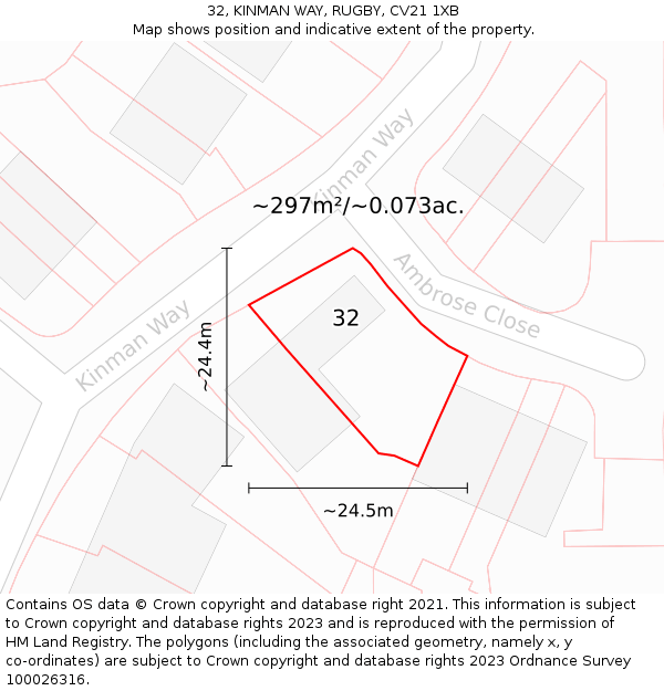 32, KINMAN WAY, RUGBY, CV21 1XB: Plot and title map