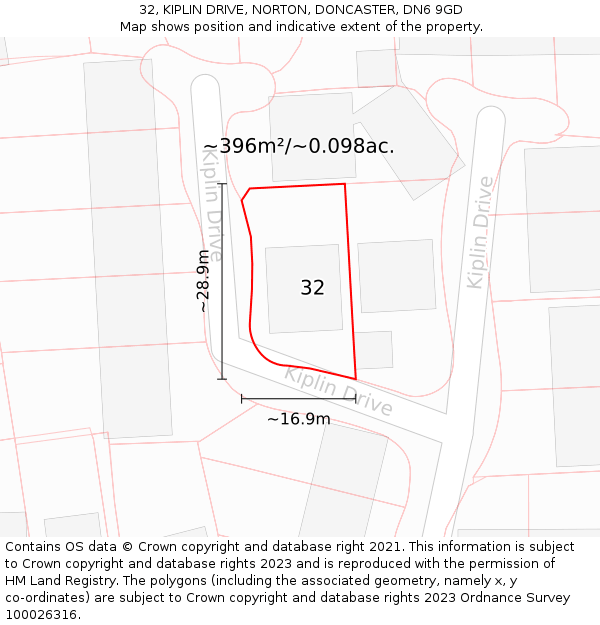 32, KIPLIN DRIVE, NORTON, DONCASTER, DN6 9GD: Plot and title map