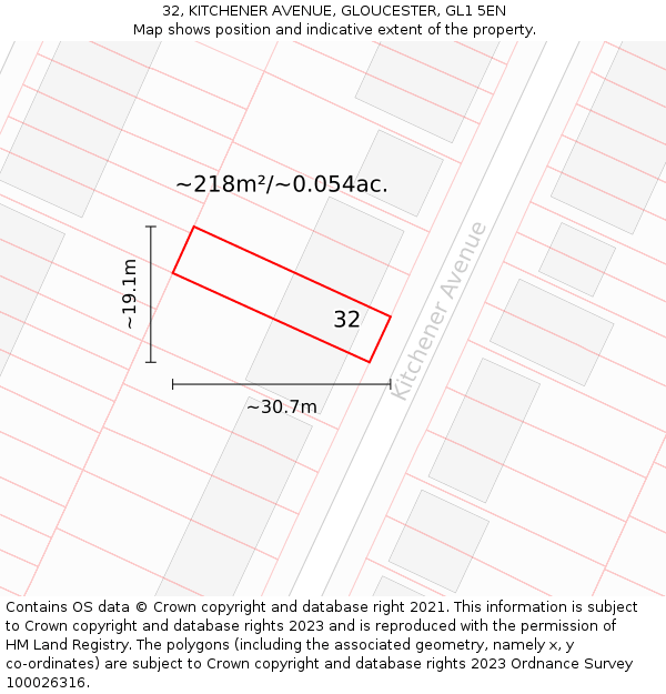 32, KITCHENER AVENUE, GLOUCESTER, GL1 5EN: Plot and title map