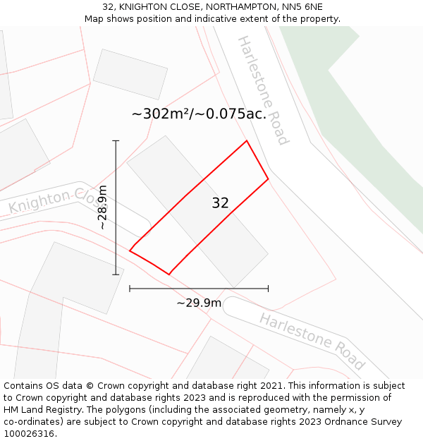 32, KNIGHTON CLOSE, NORTHAMPTON, NN5 6NE: Plot and title map