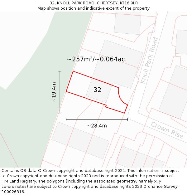 32, KNOLL PARK ROAD, CHERTSEY, KT16 9LR: Plot and title map