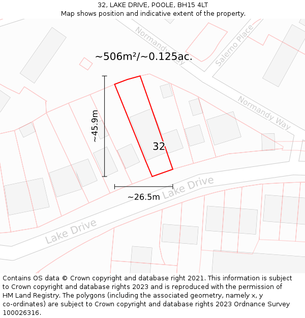 32, LAKE DRIVE, POOLE, BH15 4LT: Plot and title map