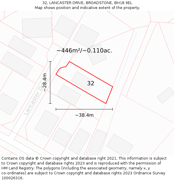 32, LANCASTER DRIVE, BROADSTONE, BH18 9EL: Plot and title map