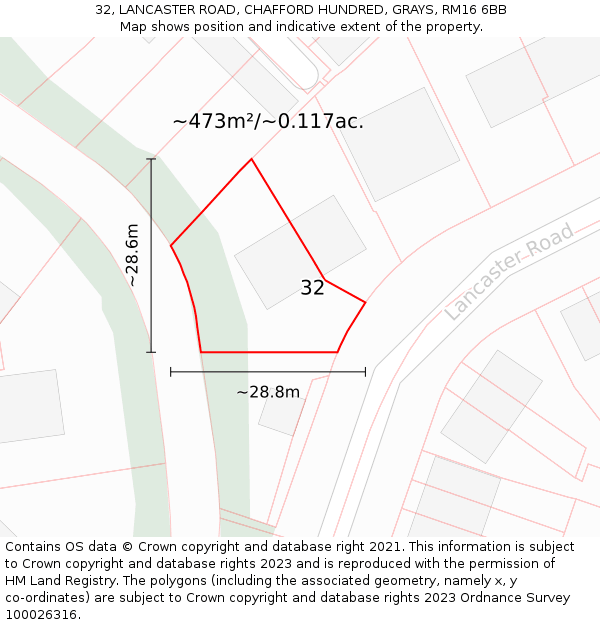 32, LANCASTER ROAD, CHAFFORD HUNDRED, GRAYS, RM16 6BB: Plot and title map