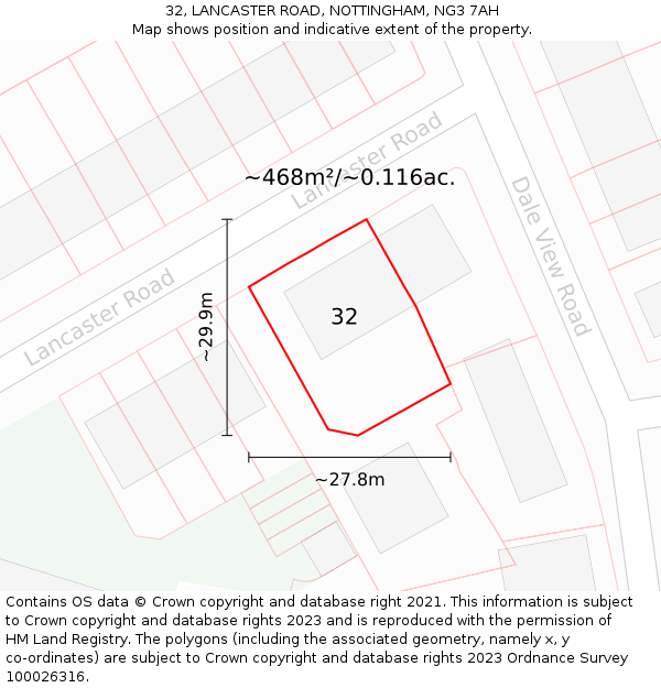 32, LANCASTER ROAD, NOTTINGHAM, NG3 7AH: Plot and title map