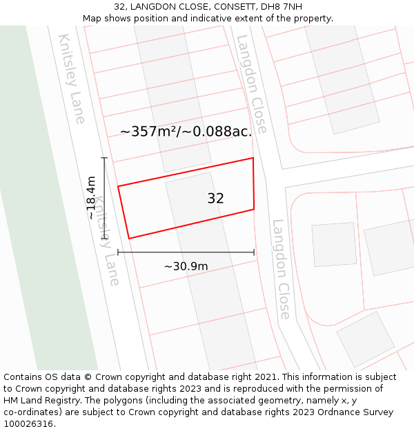 32, LANGDON CLOSE, CONSETT, DH8 7NH: Plot and title map