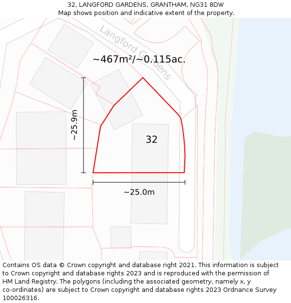 32, LANGFORD GARDENS, GRANTHAM, NG31 8DW: Plot and title map