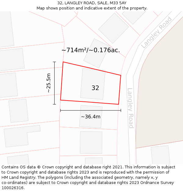 32, LANGLEY ROAD, SALE, M33 5AY: Plot and title map