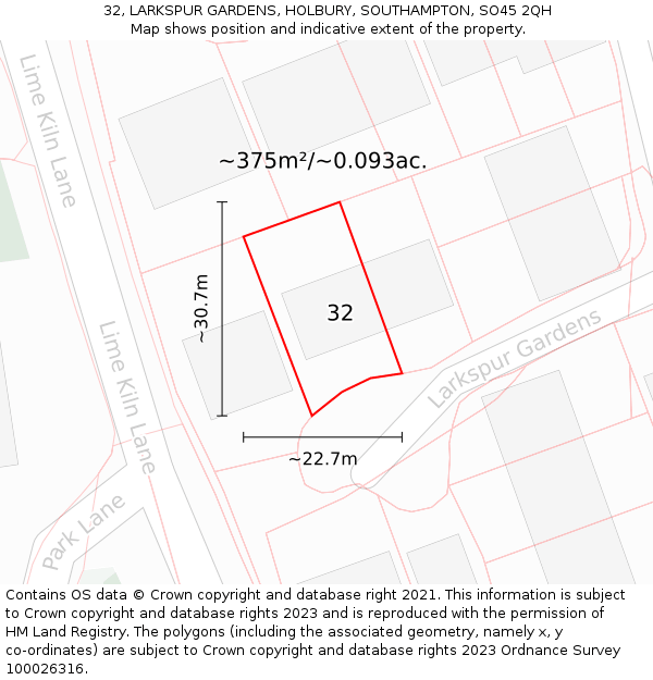 32, LARKSPUR GARDENS, HOLBURY, SOUTHAMPTON, SO45 2QH: Plot and title map