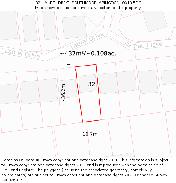 32, LAUREL DRIVE, SOUTHMOOR, ABINGDON, OX13 5DG: Plot and title map