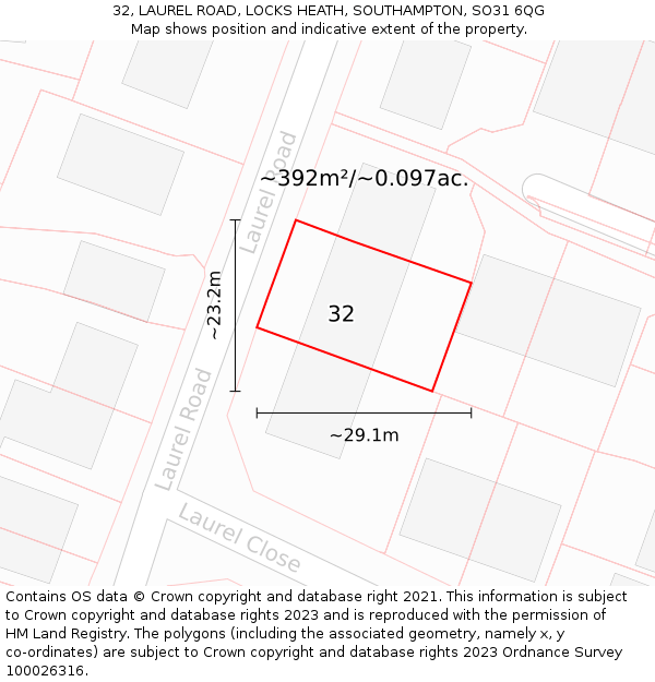 32, LAUREL ROAD, LOCKS HEATH, SOUTHAMPTON, SO31 6QG: Plot and title map