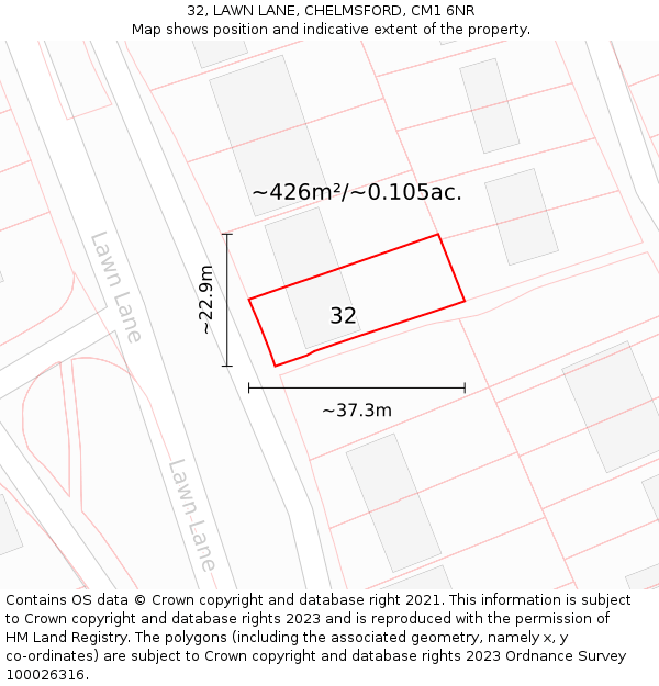 32, LAWN LANE, CHELMSFORD, CM1 6NR: Plot and title map