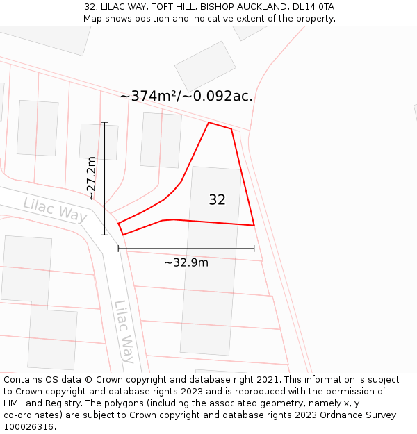 32, LILAC WAY, TOFT HILL, BISHOP AUCKLAND, DL14 0TA: Plot and title map