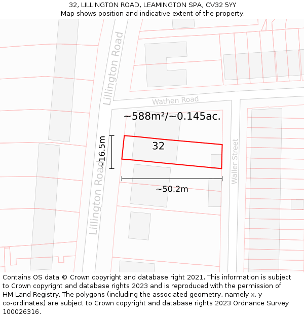 32, LILLINGTON ROAD, LEAMINGTON SPA, CV32 5YY: Plot and title map