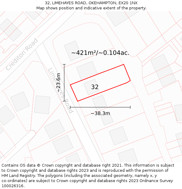 32, LIMEHAYES ROAD, OKEHAMPTON, EX20 1NX: Plot and title map
