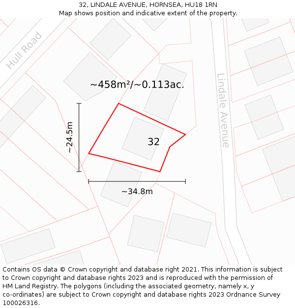32, LINDALE AVENUE, HORNSEA, HU18 1RN: Plot and title map