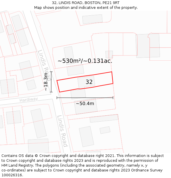 32, LINDIS ROAD, BOSTON, PE21 9RT: Plot and title map