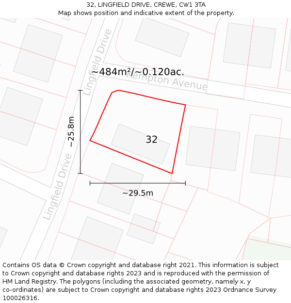 32, LINGFIELD DRIVE, CREWE, CW1 3TA: Plot and title map