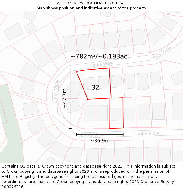 32, LINKS VIEW, ROCHDALE, OL11 4DD: Plot and title map