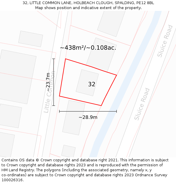 32, LITTLE COMMON LANE, HOLBEACH CLOUGH, SPALDING, PE12 8BL: Plot and title map