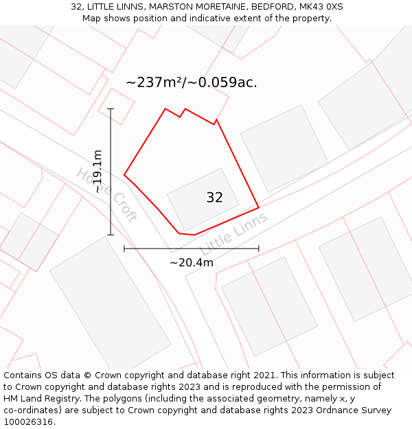 32, LITTLE LINNS, MARSTON MORETAINE, BEDFORD, MK43 0XS: Plot and title map