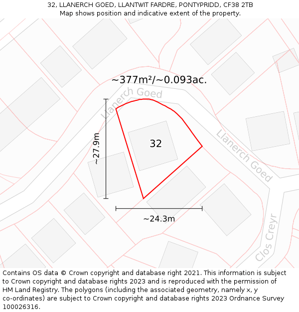 32, LLANERCH GOED, LLANTWIT FARDRE, PONTYPRIDD, CF38 2TB: Plot and title map