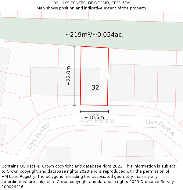 32, LLYS PENTRE, BRIDGEND, CF31 5DY: Plot and title map