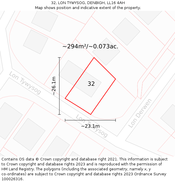 32, LON TYWYSOG, DENBIGH, LL16 4AH: Plot and title map