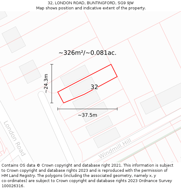 32, LONDON ROAD, BUNTINGFORD, SG9 9JW: Plot and title map