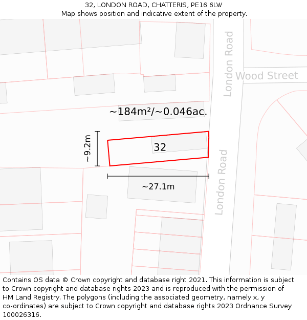 32, LONDON ROAD, CHATTERIS, PE16 6LW: Plot and title map