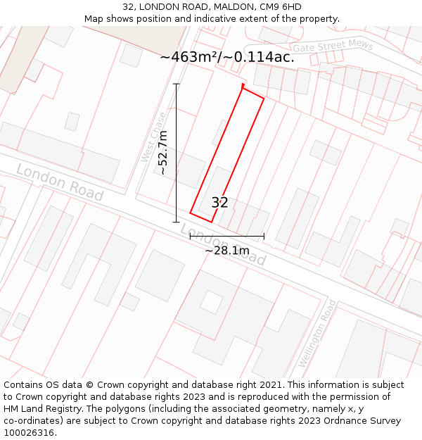 32, LONDON ROAD, MALDON, CM9 6HD: Plot and title map