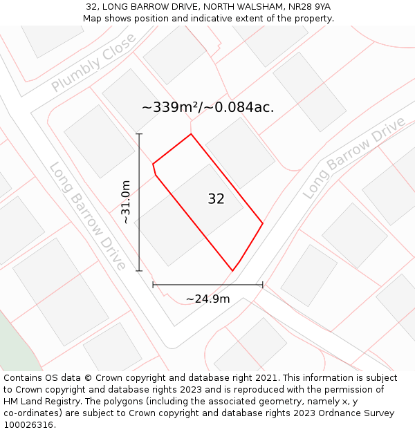 32, LONG BARROW DRIVE, NORTH WALSHAM, NR28 9YA: Plot and title map