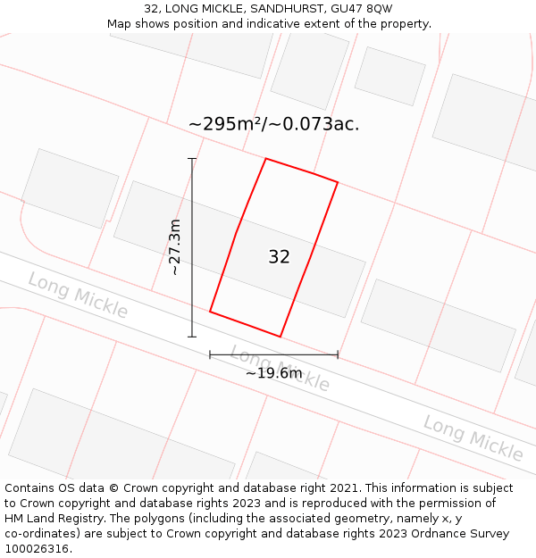 32, LONG MICKLE, SANDHURST, GU47 8QW: Plot and title map