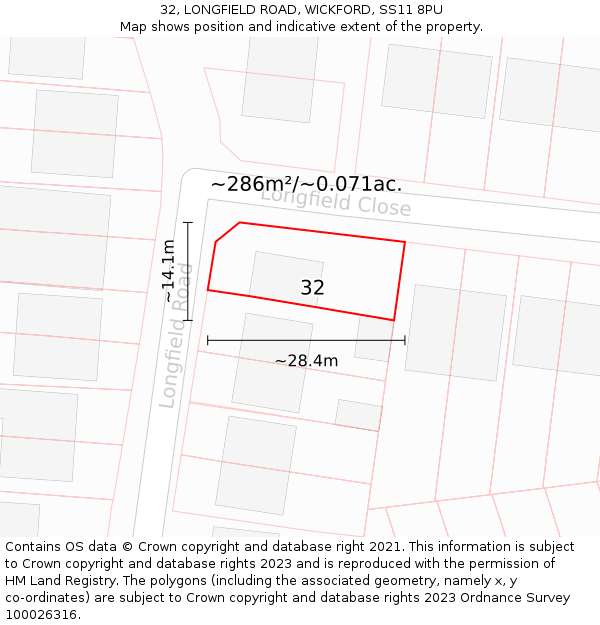 32, LONGFIELD ROAD, WICKFORD, SS11 8PU: Plot and title map