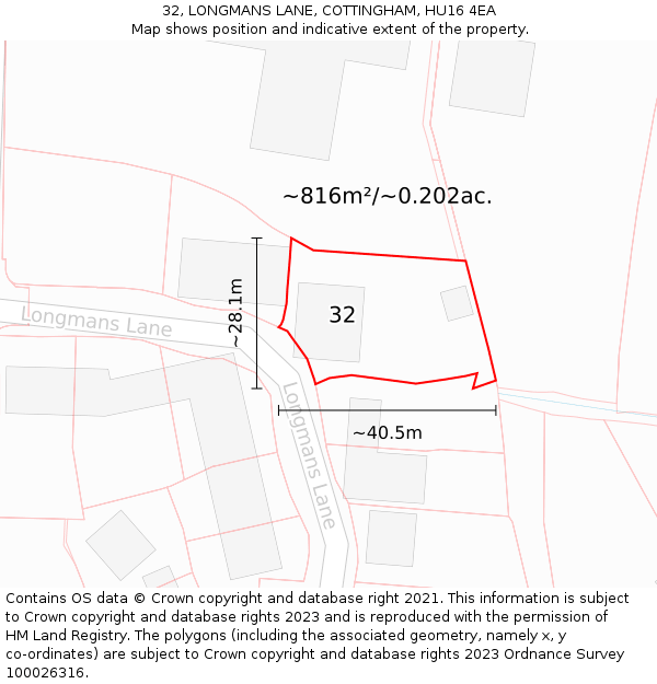 32, LONGMANS LANE, COTTINGHAM, HU16 4EA: Plot and title map