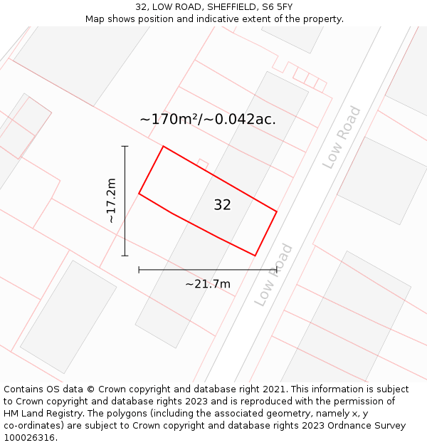 32, LOW ROAD, SHEFFIELD, S6 5FY: Plot and title map