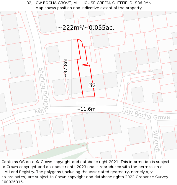 32, LOW ROCHA GROVE, MILLHOUSE GREEN, SHEFFIELD, S36 9AN: Plot and title map
