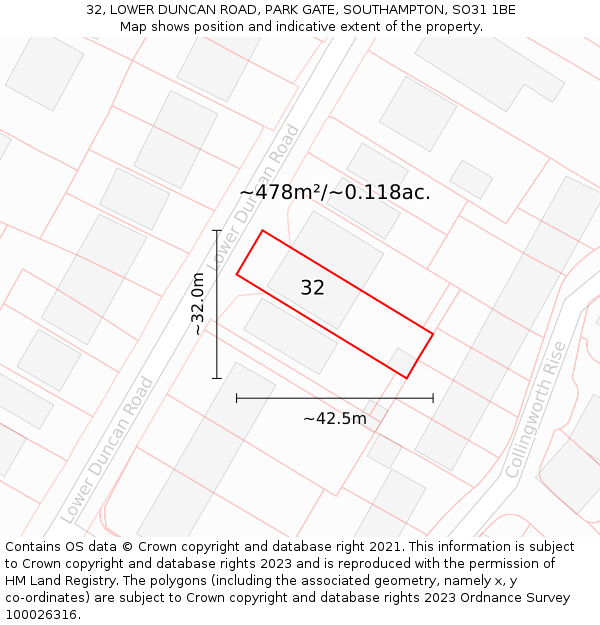 32, LOWER DUNCAN ROAD, PARK GATE, SOUTHAMPTON, SO31 1BE: Plot and title map