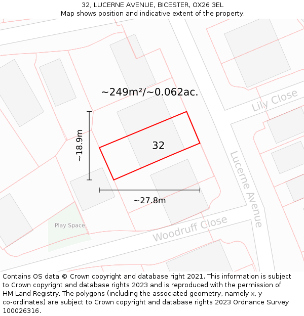 32, LUCERNE AVENUE, BICESTER, OX26 3EL: Plot and title map