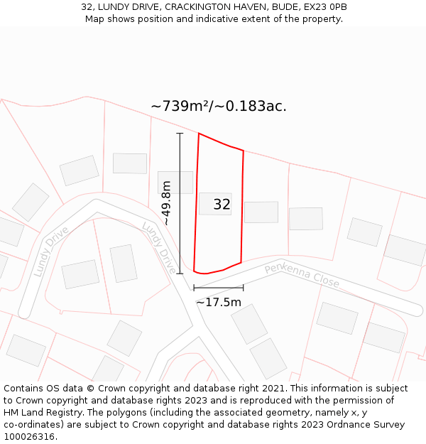 32, LUNDY DRIVE, CRACKINGTON HAVEN, BUDE, EX23 0PB: Plot and title map