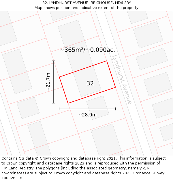 32, LYNDHURST AVENUE, BRIGHOUSE, HD6 3RY: Plot and title map