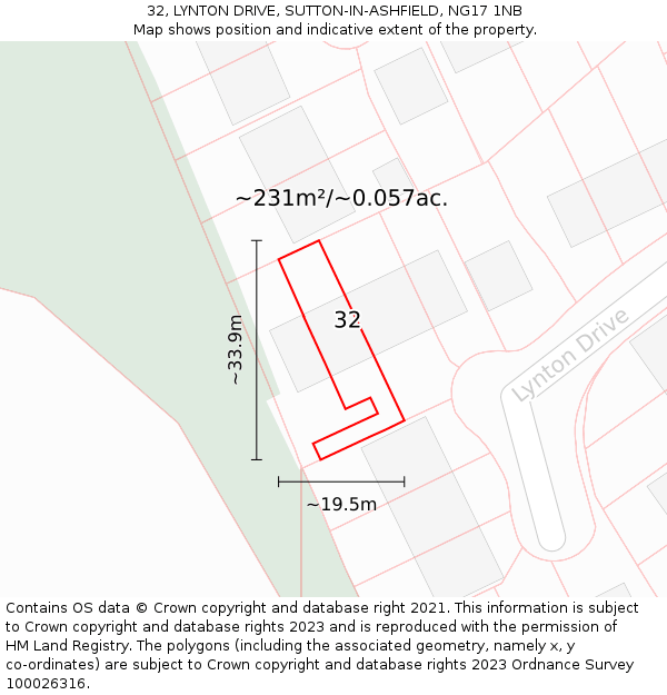 32, LYNTON DRIVE, SUTTON-IN-ASHFIELD, NG17 1NB: Plot and title map