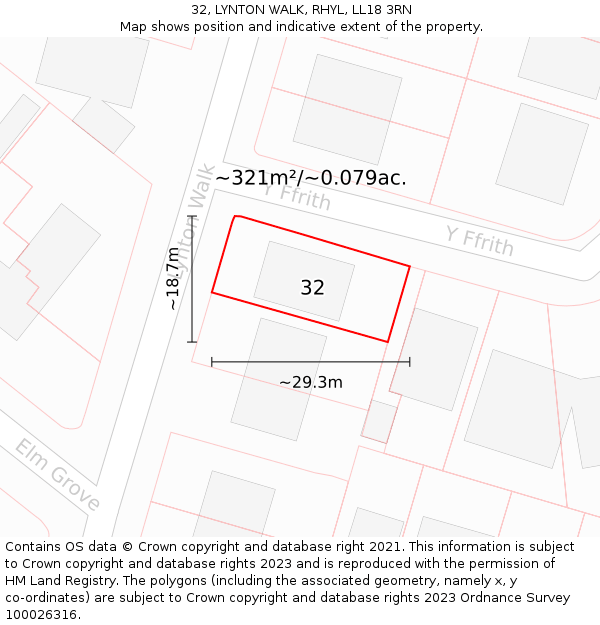 32, LYNTON WALK, RHYL, LL18 3RN: Plot and title map