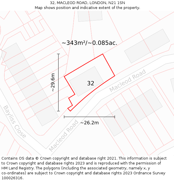32, MACLEOD ROAD, LONDON, N21 1SN: Plot and title map