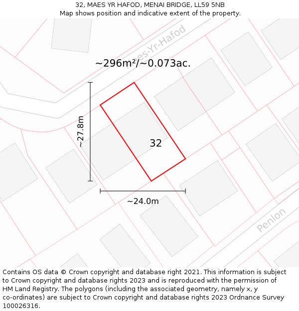 32, MAES YR HAFOD, MENAI BRIDGE, LL59 5NB: Plot and title map