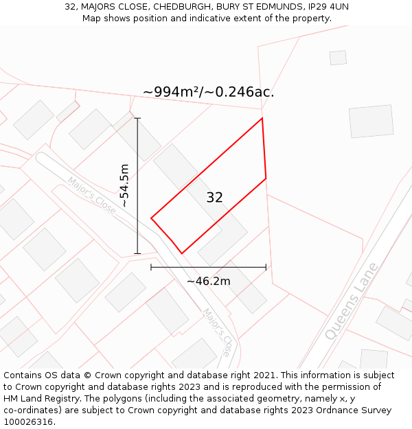 32, MAJORS CLOSE, CHEDBURGH, BURY ST EDMUNDS, IP29 4UN: Plot and title map