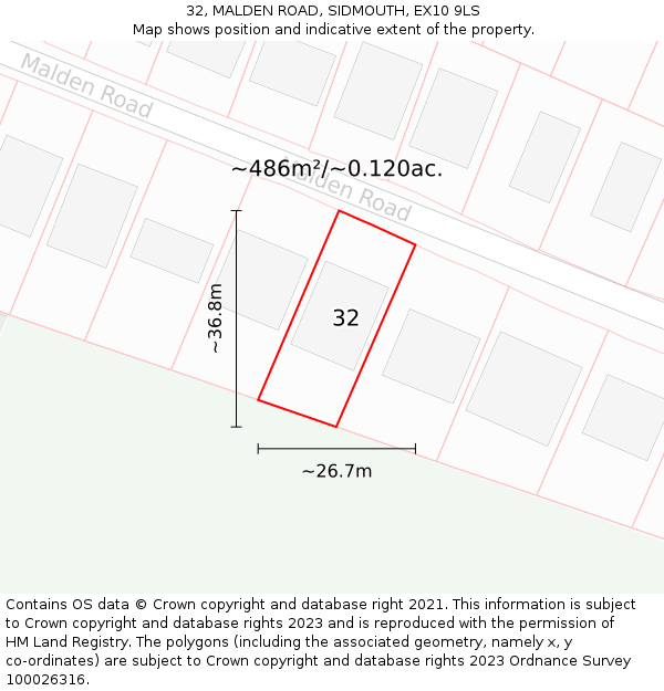 32, MALDEN ROAD, SIDMOUTH, EX10 9LS: Plot and title map