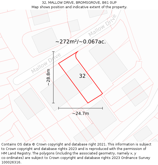 32, MALLOW DRIVE, BROMSGROVE, B61 0UP: Plot and title map